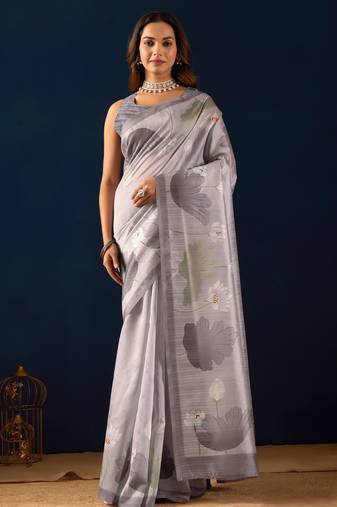 grey color jute silk blend fabric designer printed ready to wear saree