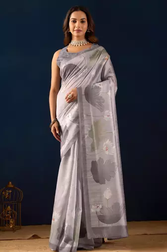 grey color jute silk blend fabric designer printed ready to wear saree