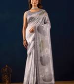 Grey color jute silk fabric designer printed ready to wear saree