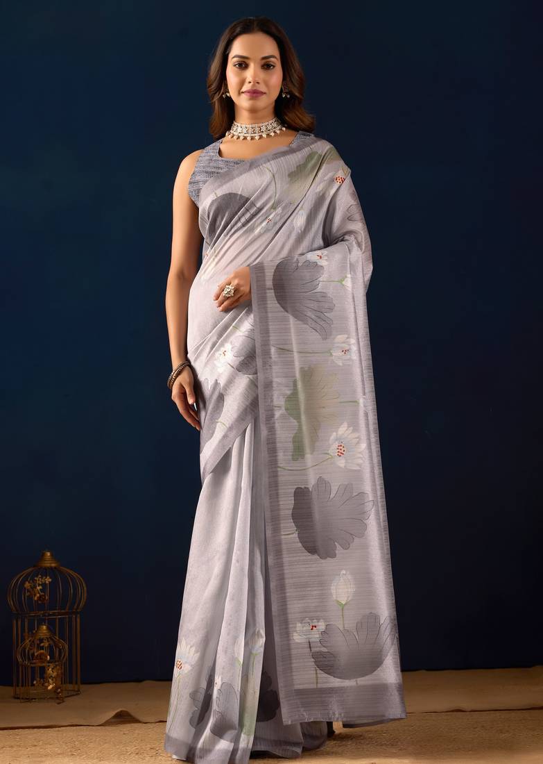 Grey color jute silk fabric designer printed ready to wear saree