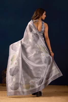 Grey color jute silk fabric designer printed ready to wear saree 2