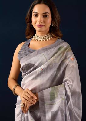 Grey color jute silk fabric designer printed ready to wear saree 3