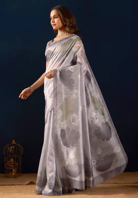 Grey color jute silk fabric designer printed ready to wear saree 4