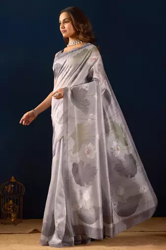 grey color jute silk blend fabric designer printed ready to wear saree
