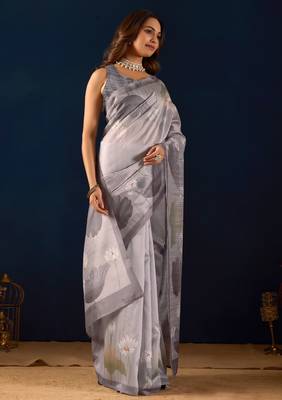 Grey color jute silk fabric designer printed ready to wear saree 5