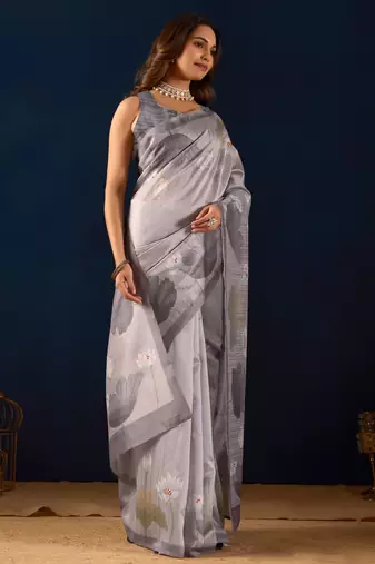 grey color jute silk blend fabric designer printed ready to wear saree