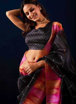 black color jute silk blend fabric designer printed ready to wear saree 3