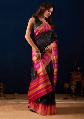 black color jute silk blend fabric designer printed ready to wear saree 4