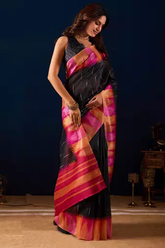 black color jute silk blend fabric designer printed ready to wear saree