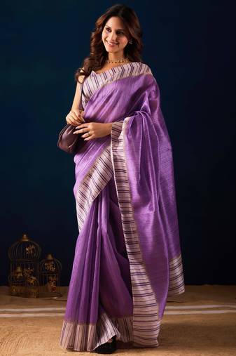purple color jute silk blend fabric designer printed ready to wear saree