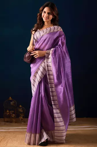 purple color jute silk blend fabric designer printed ready to wear saree
