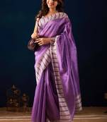 purple color jute silk blend fabric designer printed ready to wear saree