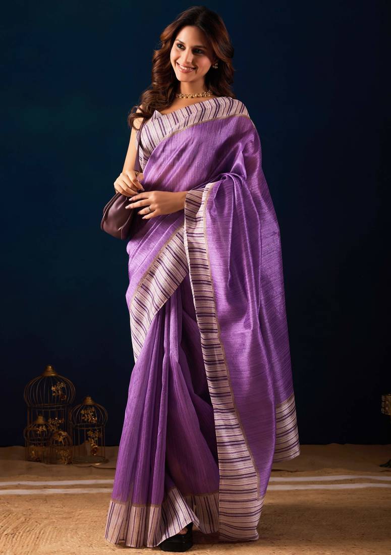 purple color jute silk blend fabric designer printed ready to wear saree