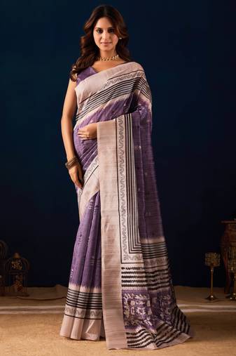 lavender color jute silk blend fabric designer printed ready to wear saree