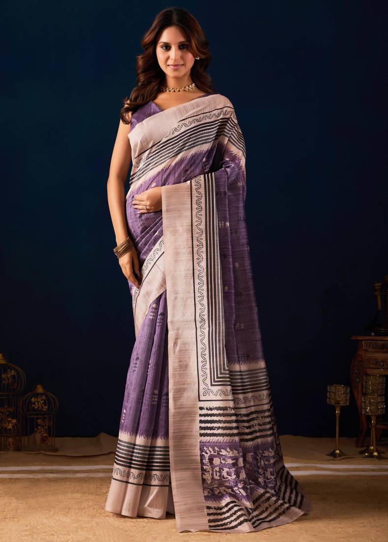 Lavender color jute silk fabric designer printed ready to wear saree