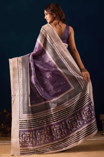 lavender color jute silk blend fabric designer printed ready to wear saree
