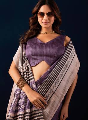Lavender color jute silk fabric designer printed ready to wear saree 3
