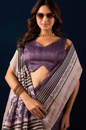 lavender color jute silk blend fabric designer printed ready to wear saree
