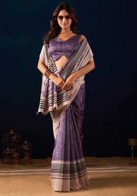 Lavender color jute silk fabric designer printed ready to wear saree 4