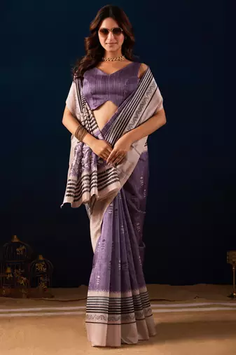lavender color jute silk blend fabric designer printed ready to wear saree