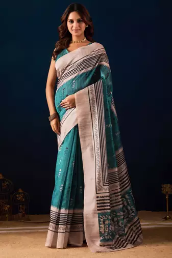 sea green color jute silk blend fabric designer printed ready to wear saree