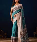 sea green color jute silk blend fabric designer printed ready to wear saree