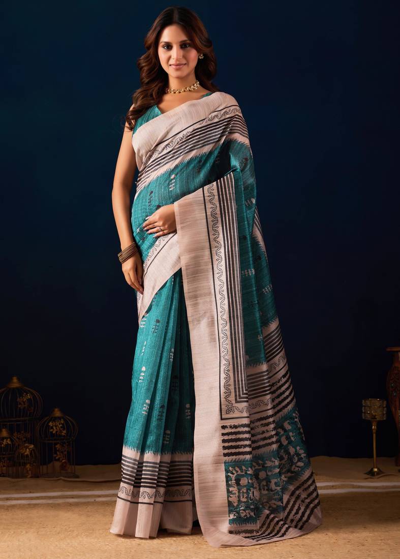 Sea green color jute silk fabric designer printed ready to wear saree