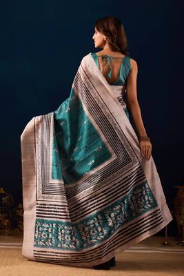 sea green color jute silk blend fabric designer printed ready to wear saree 2