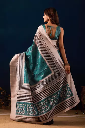 sea green color jute silk blend fabric designer printed ready to wear saree