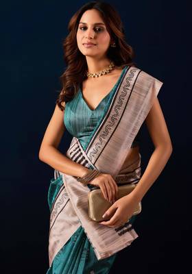 sea green color jute silk blend fabric designer printed ready to wear saree 3