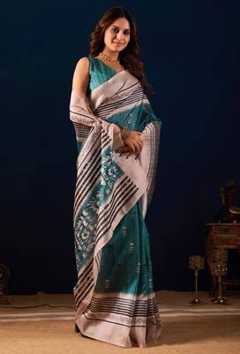 sea green color jute silk blend fabric designer printed ready to wear saree 4