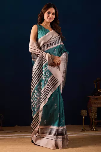 sea green color jute silk blend fabric designer printed ready to wear saree