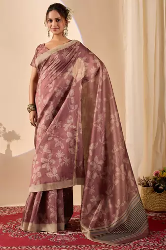 rust color jute silk blend fabric designer printed ready to wear saree