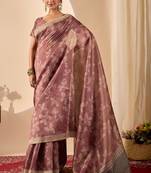 Rust color jute silk fabric designer printed ready to wear saree