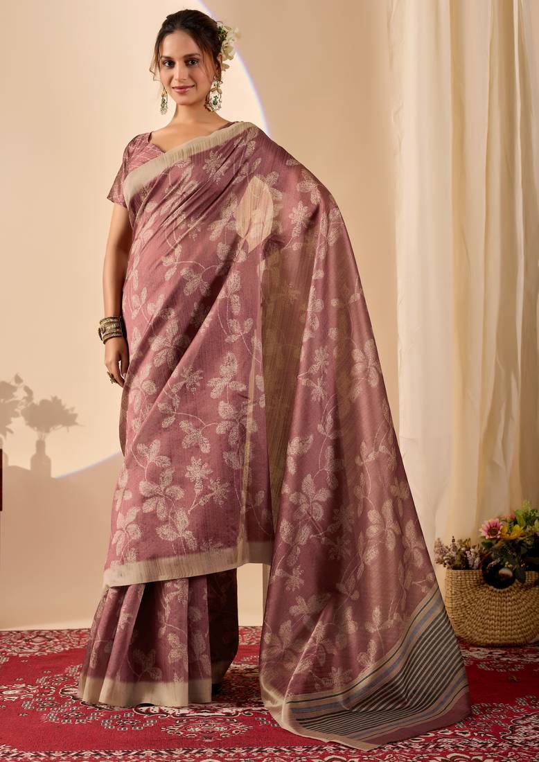 Rust color jute silk fabric designer printed ready to wear saree