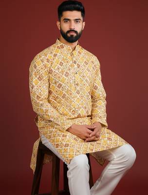Mustard color beautiful kurta payjama for handsome men's looks 3