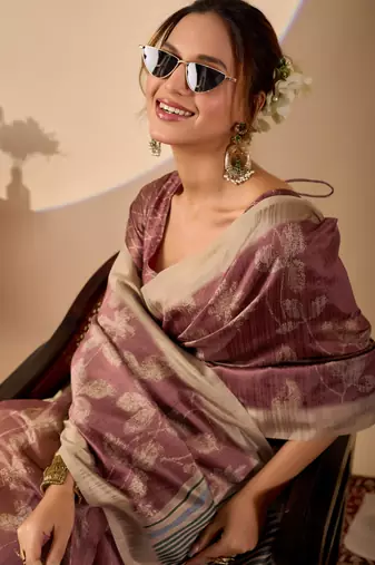 rust color jute silk blend fabric designer printed ready to wear saree