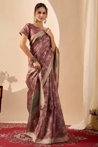 rust color jute silk blend fabric designer printed ready to wear saree