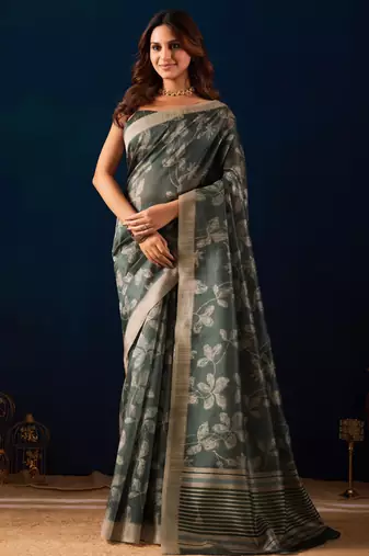 green color jute silk blend fabric designer printed ready to wear saree