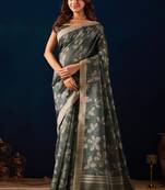 Green color jute silk fabric designer printed ready to wear saree