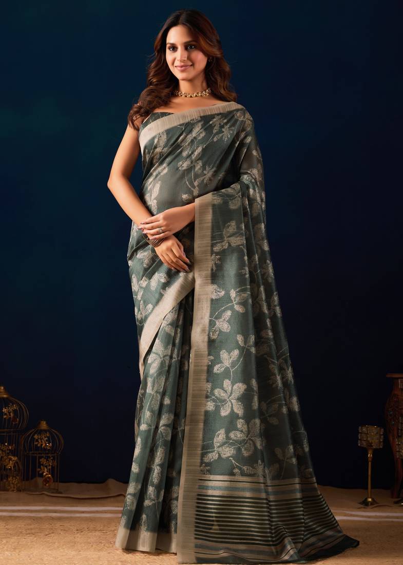 Green color jute silk fabric designer printed ready to wear saree