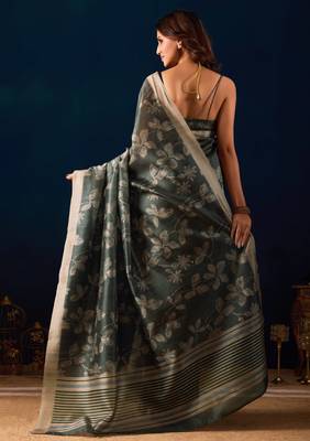 Green color jute silk fabric designer printed ready to wear saree 2