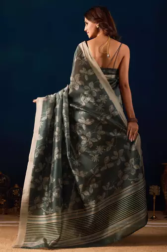 green color jute silk blend fabric designer printed ready to wear saree