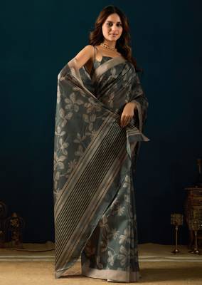Green color jute silk fabric designer printed ready to wear saree 4