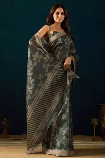 green color jute silk blend fabric designer printed ready to wear saree