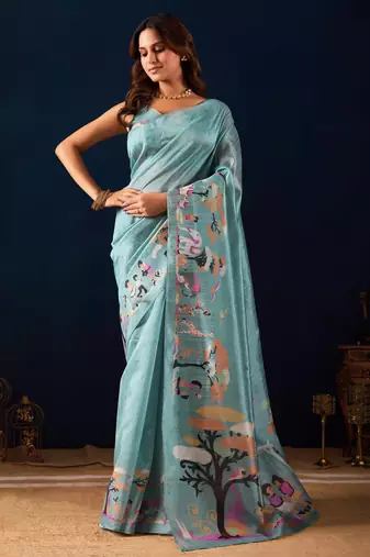 sky blue color jute silk blend fabric designer printed ready to wear saree