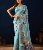 sky blue color jute silk blend fabric designer printed ready to wear saree