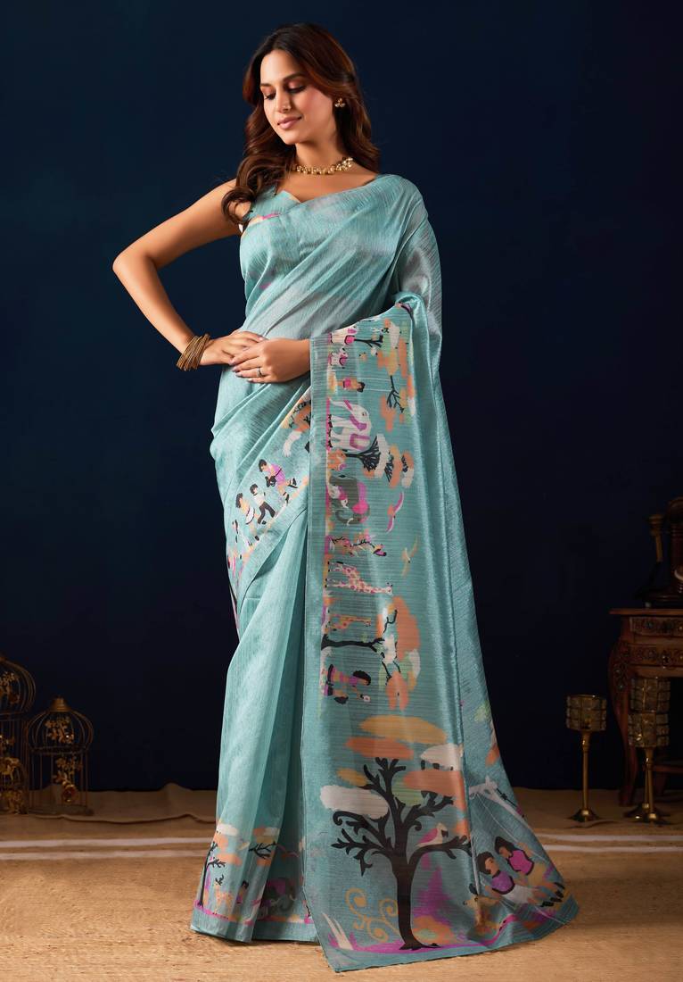 sky blue color jute silk blend fabric designer printed ready to wear saree