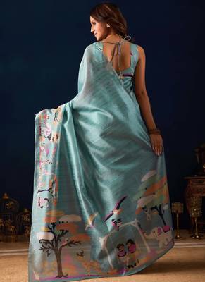 sky blue color jute silk blend fabric designer printed ready to wear saree 2