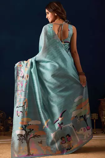 sky blue color jute silk blend fabric designer printed ready to wear saree